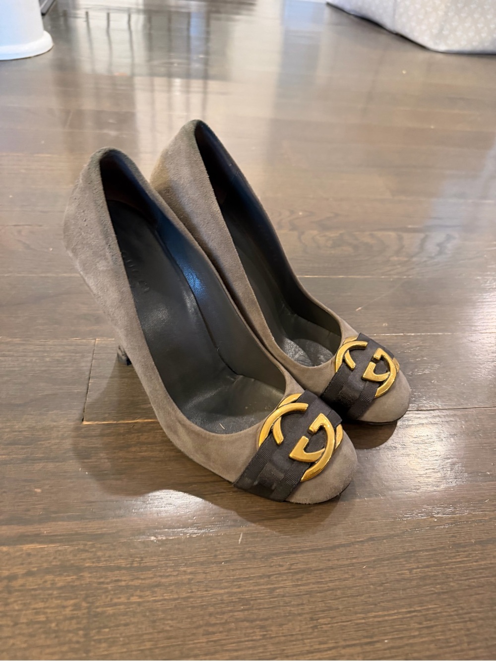 Gucci Taupe Suede Mid-Heel Pumps with Gold Emblem